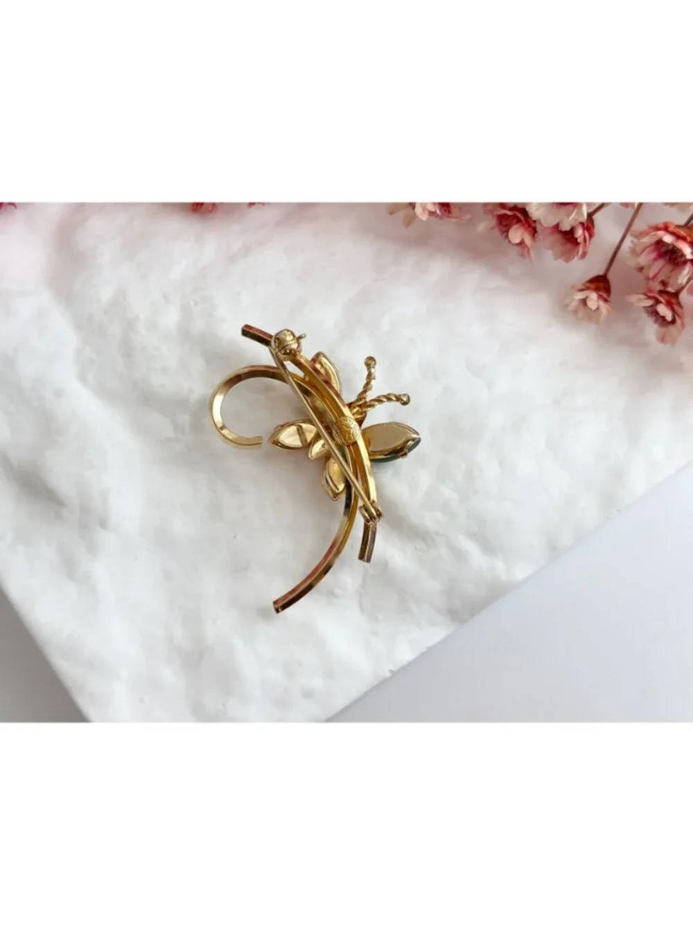 12k Gold Filled Carl Art Butterfly Figural Coral & Jade Vintage Brooch Pin